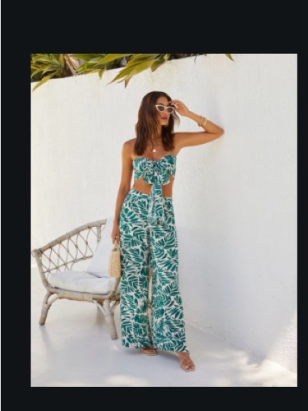Vici Green & White Palm-Print, (two piece ) Wide-Leg